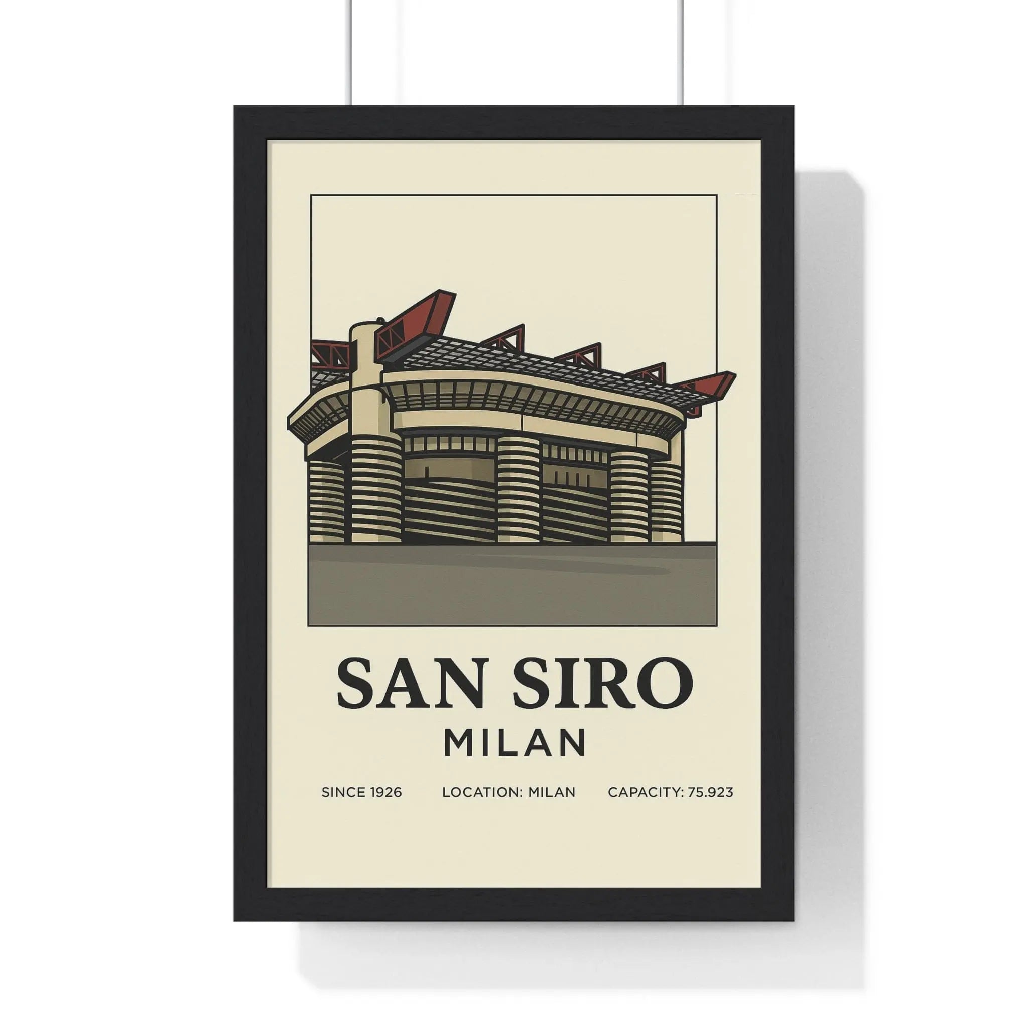 A framed poster print featuring a stylized illustration of san siro milan stadium with bold black text on off-white background