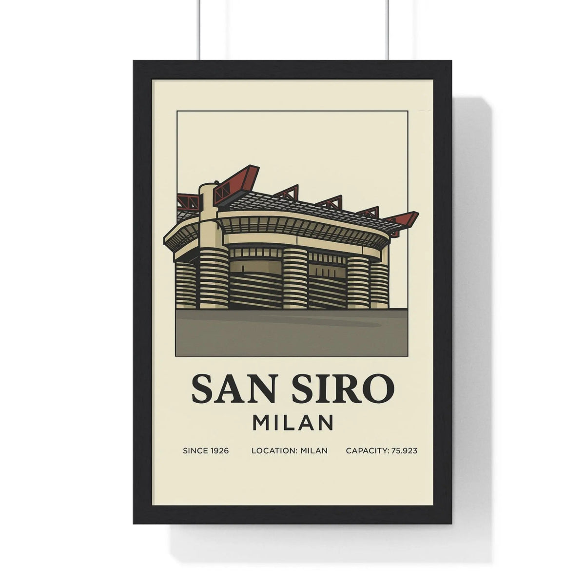 A framed poster print featuring a stylized illustration of san siro milan stadium with bold black text on off-white background