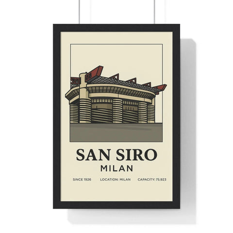 A framed poster print featuring a stylized illustration of san siro milan stadium with bold black text on off-white background