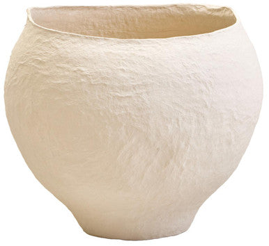 Cream-colored textured ceramic large beige planter with rounded bulbous shape and slightly flared rim sanai cotton mache large beige planter