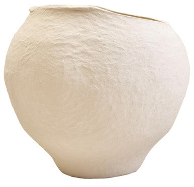 Cream-colored textured ceramic Sanai cotton mache large beige planter with rounded bulbous shape and uneven rim