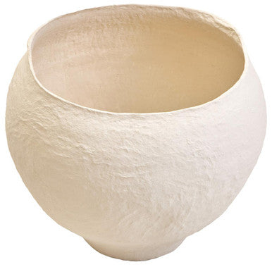 A large beige planter featuring a round off-white ceramic bowl with a textured handcrafted surface and uneven rim