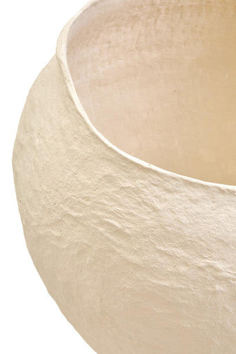 Cream-colored textured ceramic bowl with smooth inner rim in sanai cotton mache large beige planter style