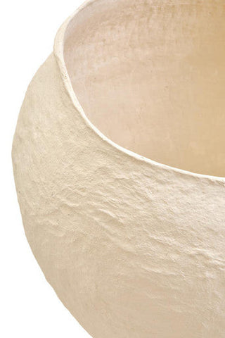 Cream-colored textured ceramic bowl with smooth inner rim in sanai cotton mache large beige planter style