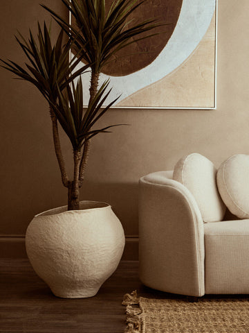 A tall leafy yucca plant in a textured off-white cotton mache large beige planter perfect for indoor decor