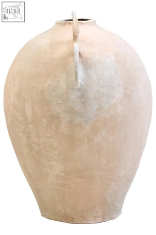 Beige sanai cotton mache large vase with textured body and decorative handles perfect for home decor