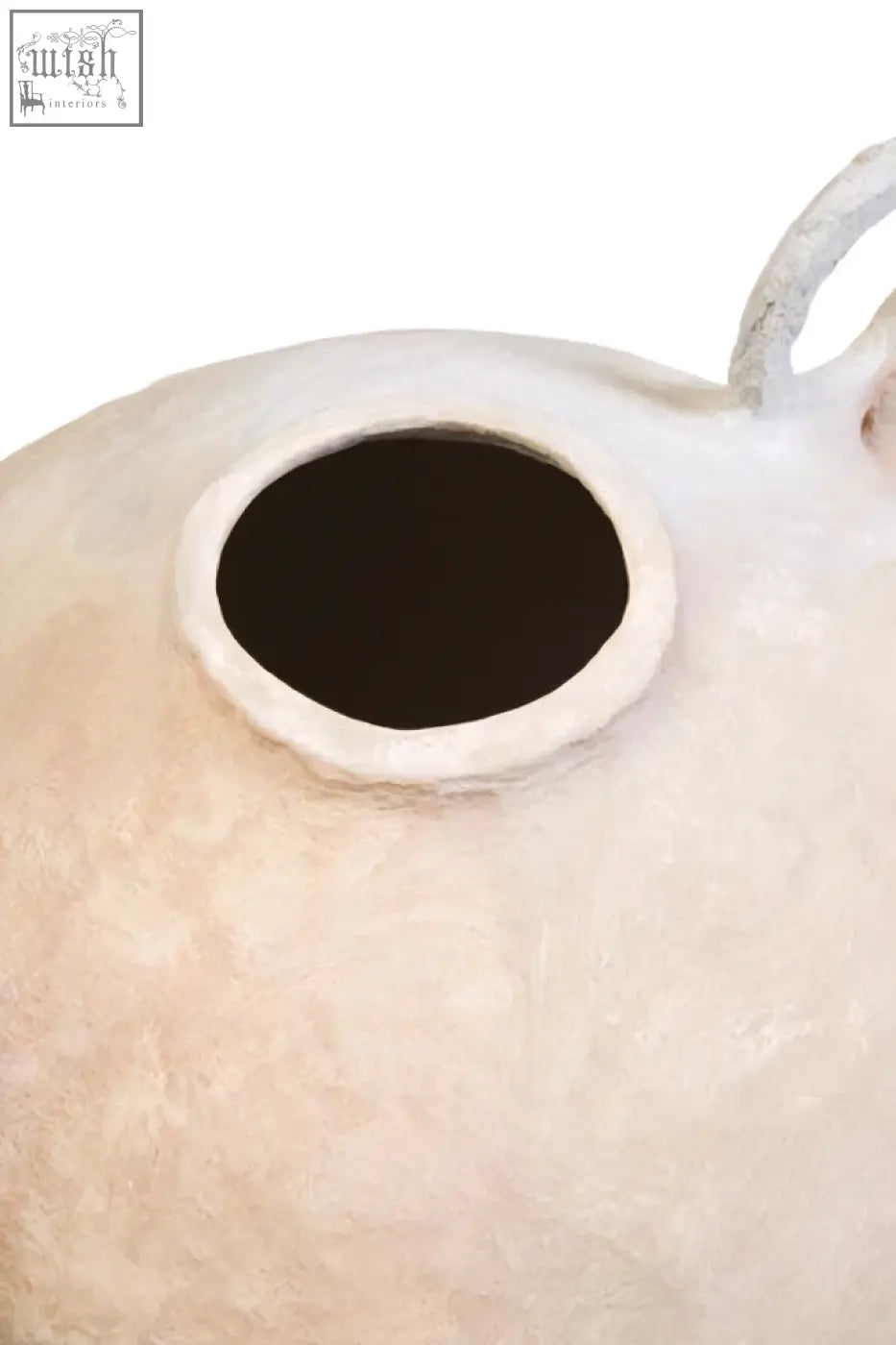 Cream-colored sanai cotton mache large vase shaped like a cat with decorative handles and a circular opening