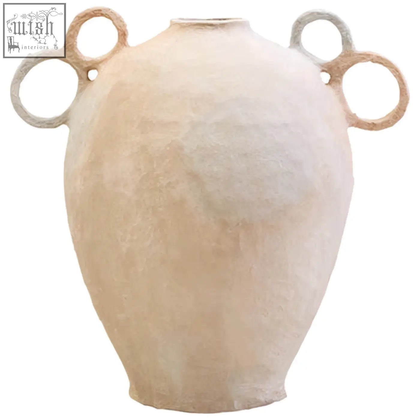 Cream-colored sanai cotton mache large vase with two asymmetrical decorative handles in light and dark tones