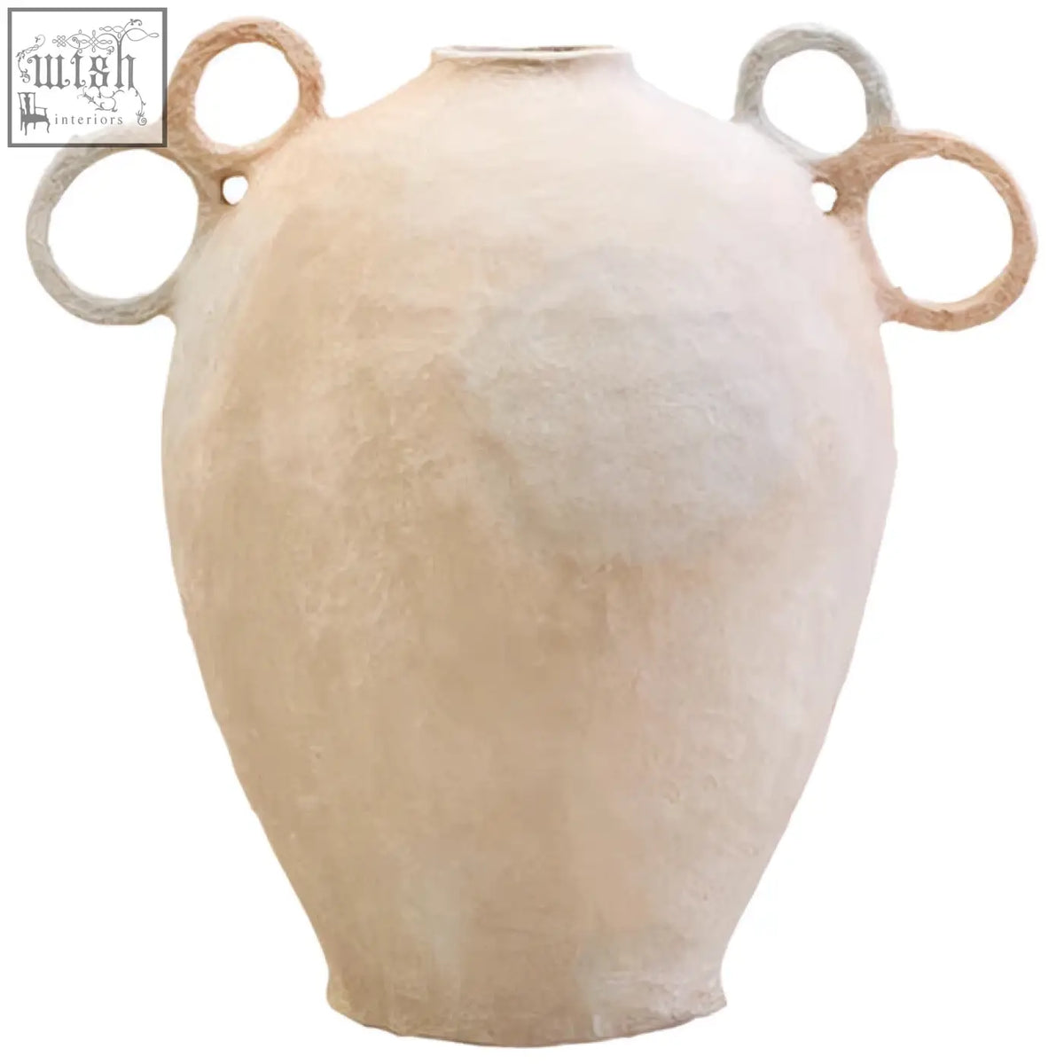 Cream-colored sanai cotton mache large vase with two asymmetrical decorative handles in light and dark tones