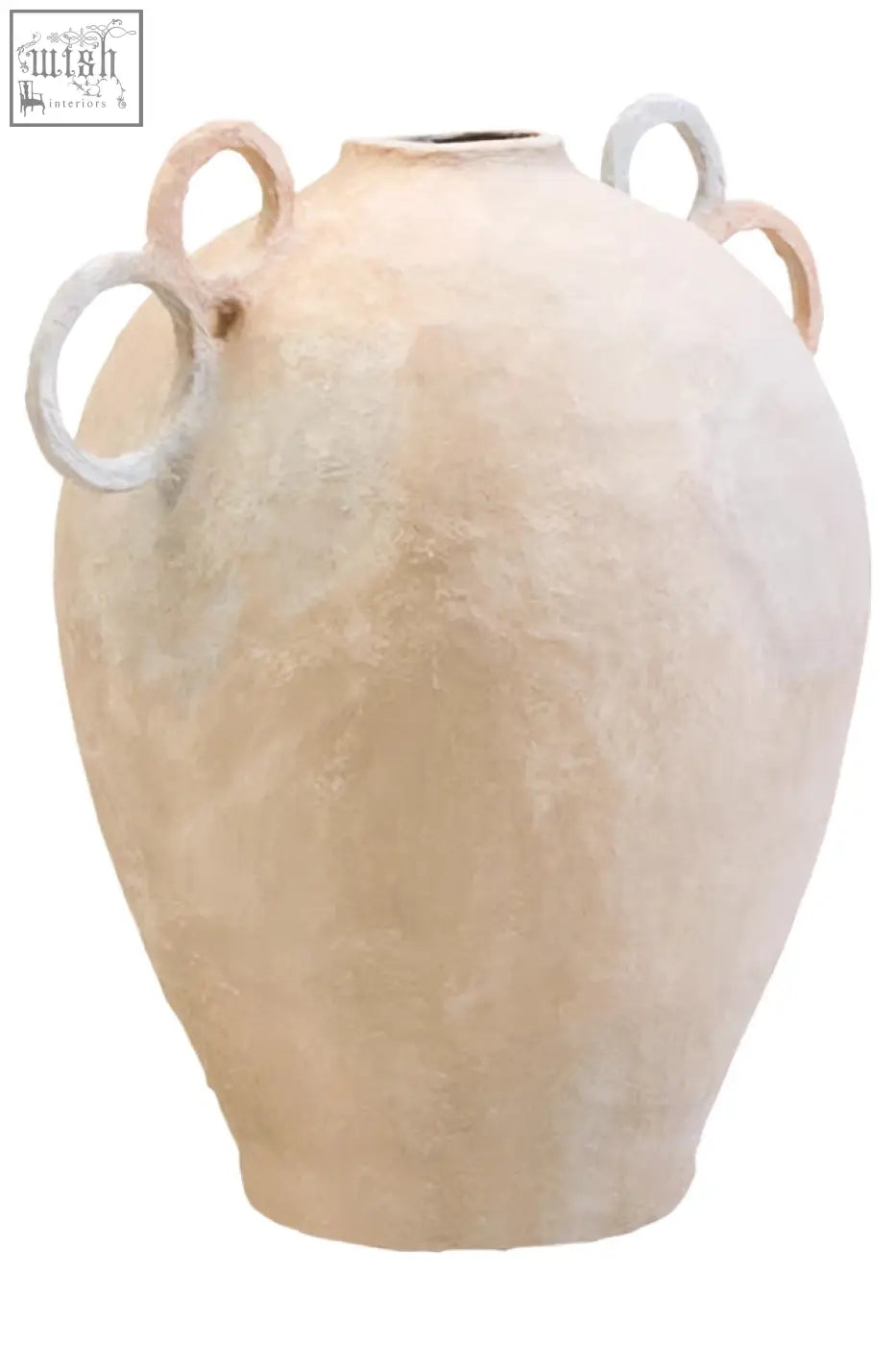 Cream-colored sanai cotton mache large vase with decorative looped handles for stylish home decor
