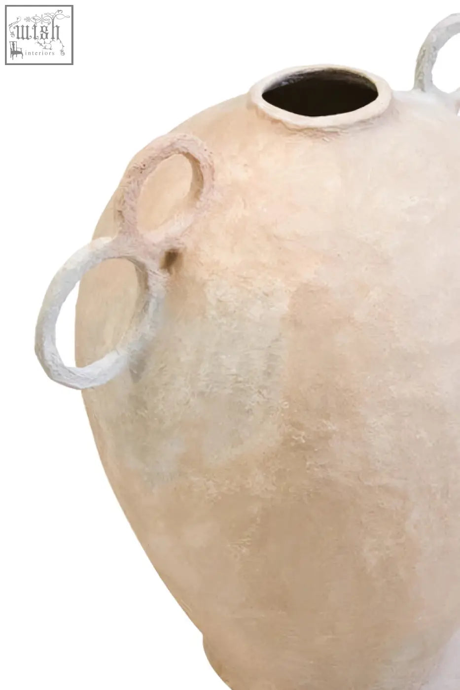 Cream-colored sanai cotton mache large vase with decorative looped handles and a rounded textured body