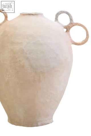 Cream-colored sanai cotton mache large vase with decorative textured ring-shaped handles for stylish decor