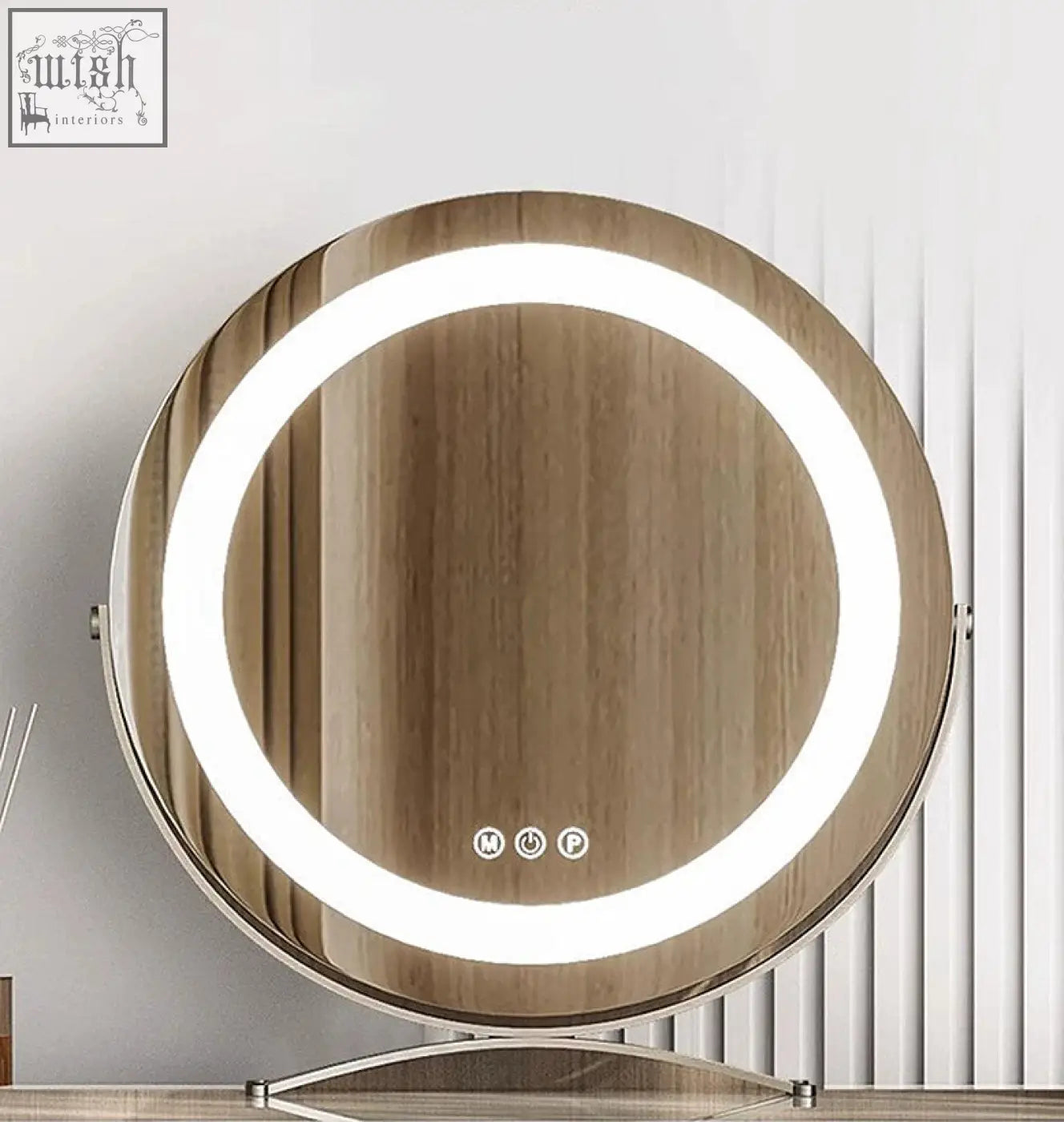 Sanchez dressing table with grey wood-grain finish circular vanity mirror featuring led ring light and control buttons