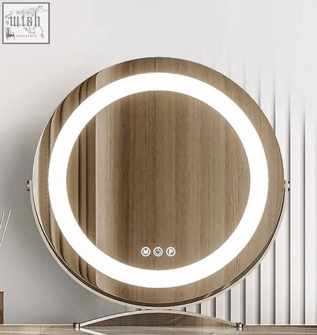Sanchez dressing table with grey wood-grain finish circular vanity mirror featuring led ring light and control buttons