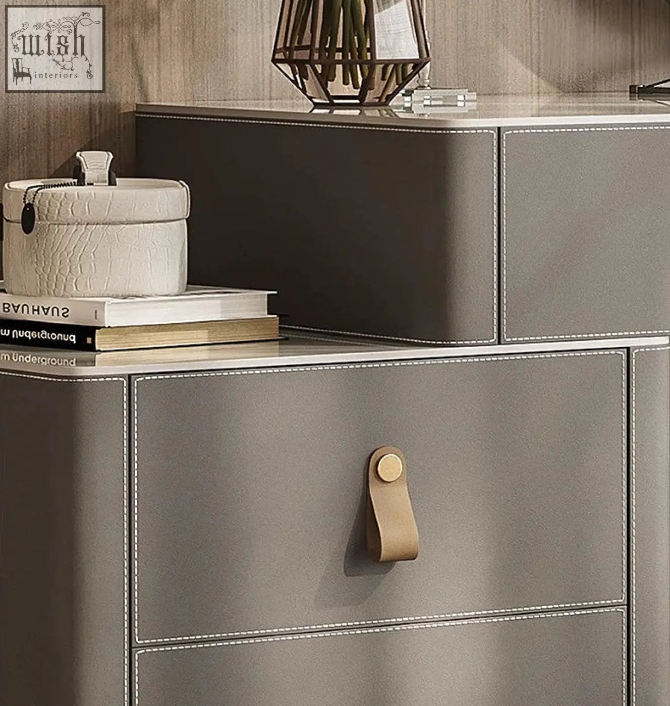 Grey leather dressing table with white stitching and tan leather pull handle from sanchez vanity table with led mirror