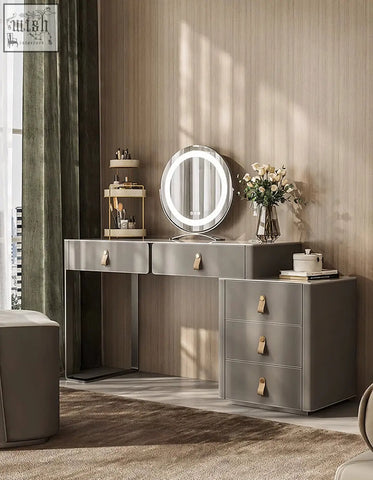 Modern grey dressing table with leather pull handles and circular led mirror perfect for a stylish dressing table setup