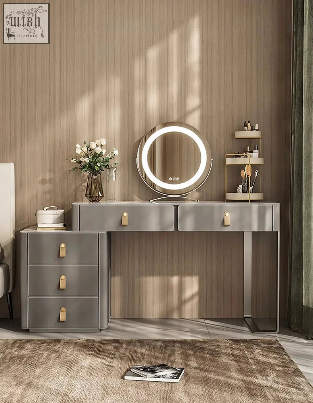Modern grey dressing table with gold-tone drawer pulls and circular led mirror perfect for any dressing table setup