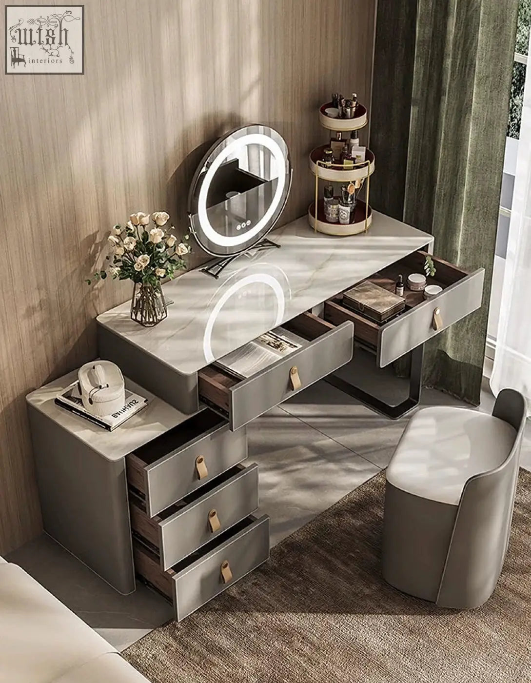 Modern grey dressing table with marble vanity, wooden drawer handles, and led illuminated circular mirror for easy use