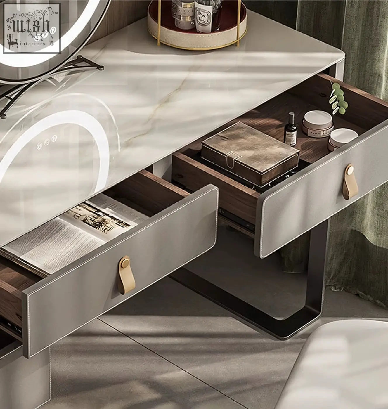 Modern grey dressing table with marble effect top wooden drawer interiors and sleek metallic legs perfect for your dressing space