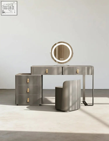 Modern grey dressing table with metallic finish led mirror and matching stool perfect for your vanity space