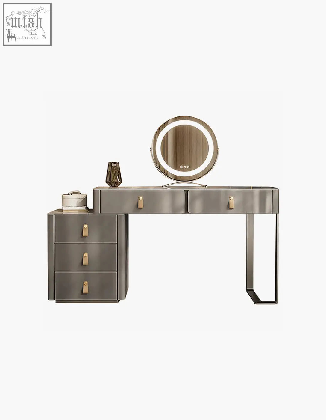 Modern grey dressing table with metallic finish, gold-tone hardware, and circular led illuminated mirror ideal for vanity use