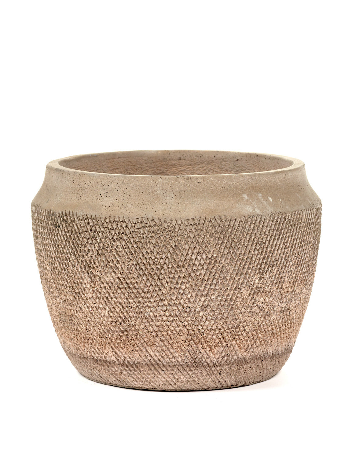 A beige ceramic sand dessert pot xl with a textured woven pattern perfect for stylish plant display