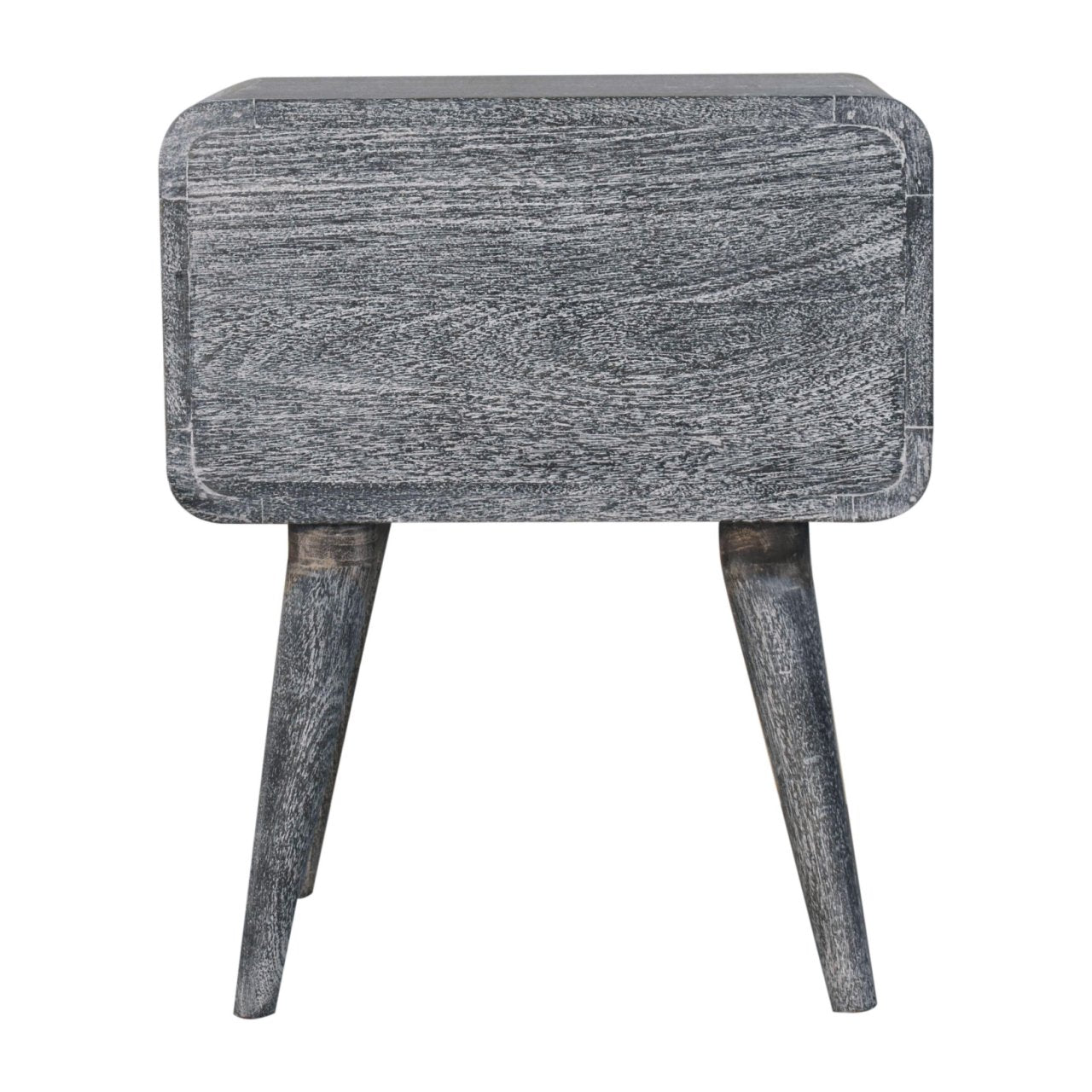 Gray distressed sandblasted ash curved bedside table with tapered legs made of brass solid mango wood