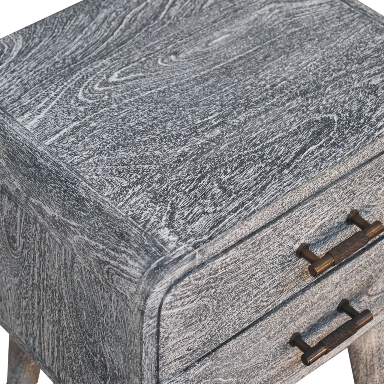 Gray distressed sandblasted ash curved nightstand with two drawers and textured brass handles for bedroom use