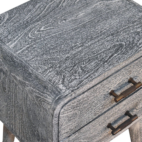 Gray distressed sandblasted ash curved nightstand with two drawers and textured brass handles for bedroom use
