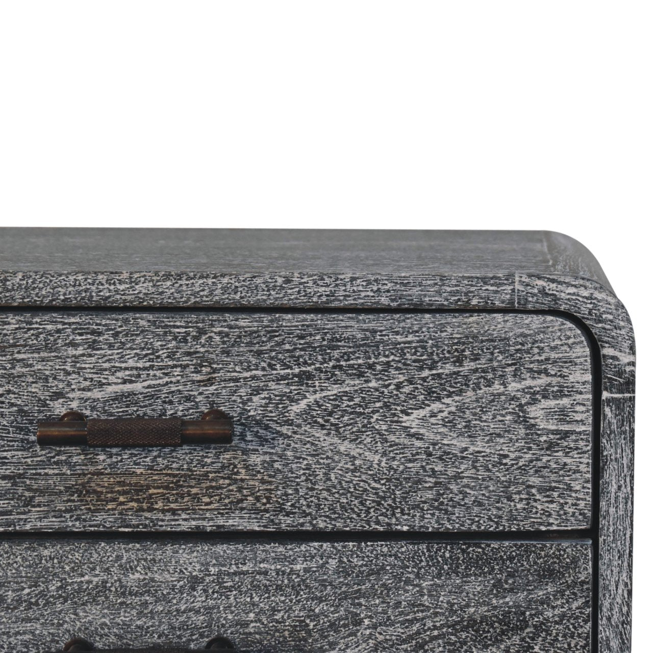 Gray distressed sandblasted ash curved bedside table with rustic finish and dark bronze hardware in solid mango wood