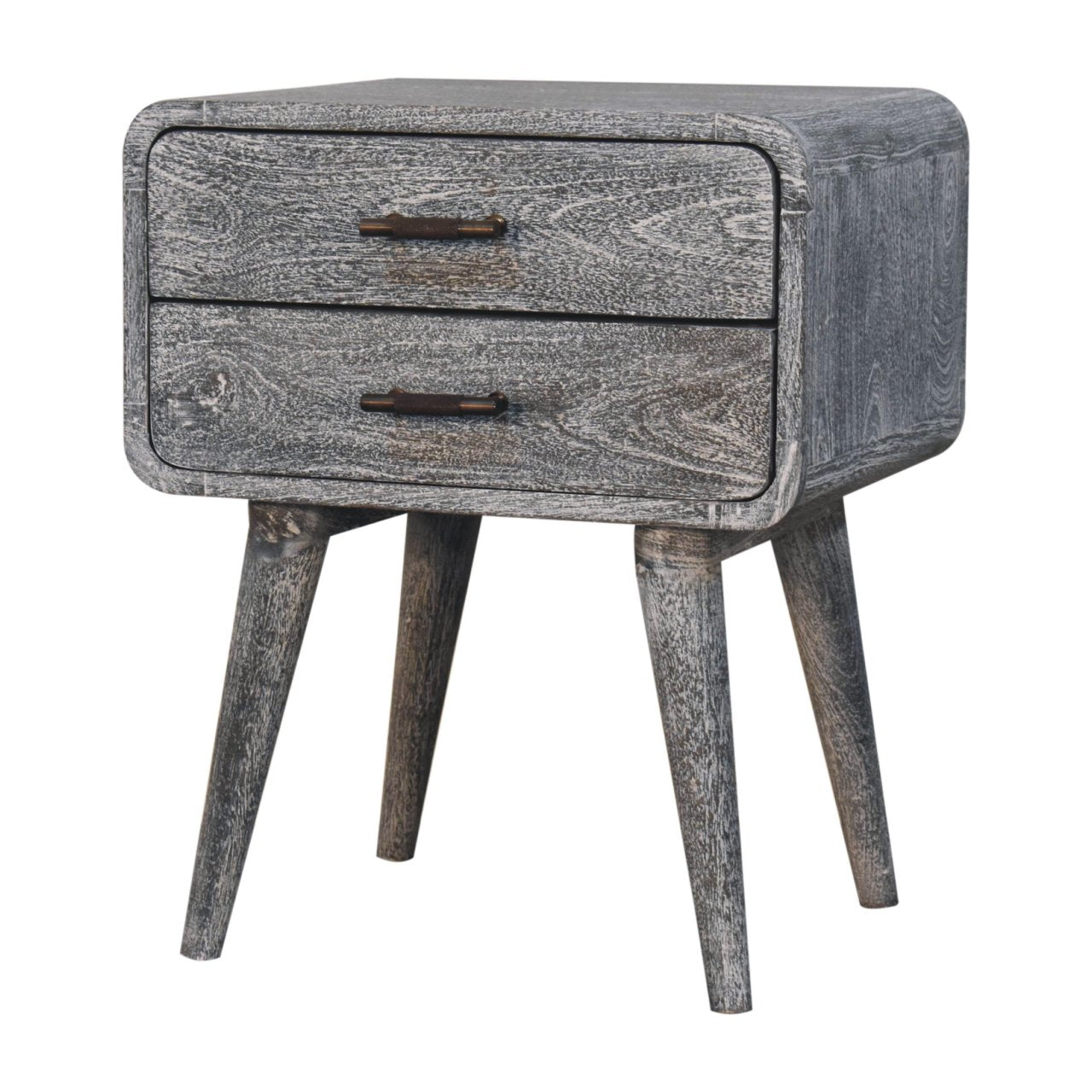 Gray distressed sandblasted ash curved nightstand with two drawers and tapered legs in solid mango wood and brass accents
