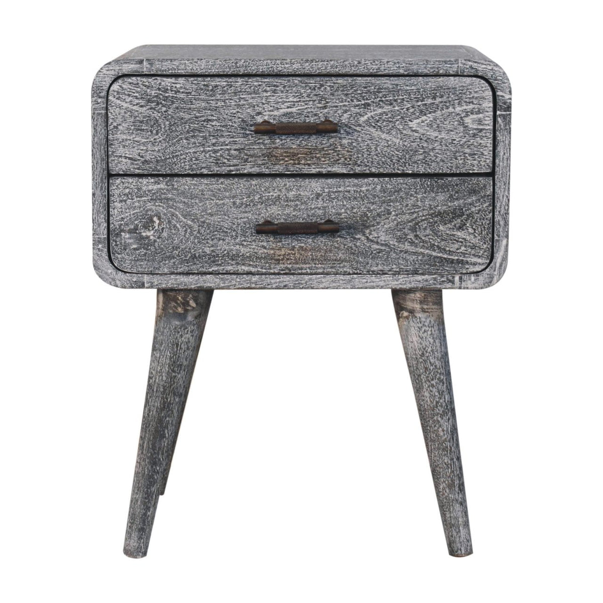 Gray distressed sandblasted ash curved bedside table with two drawers and tapered legs made of solid mango wood