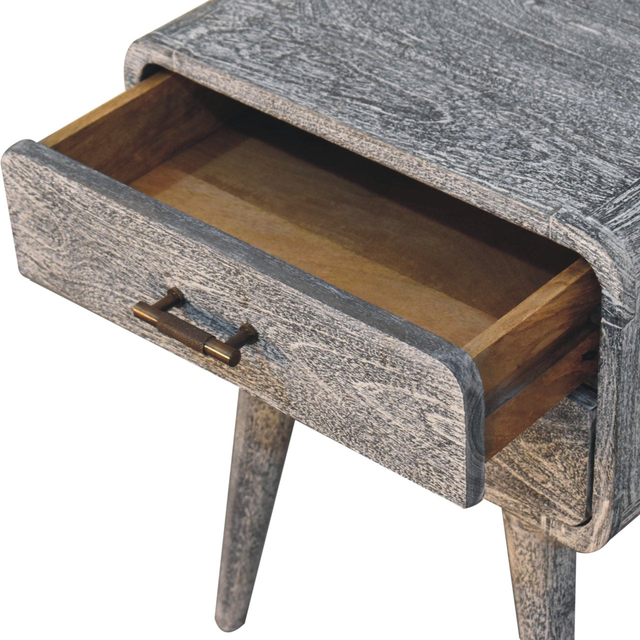 Gray distressed sandblasted ash curved bedside table with single drawer and brass handle in solid mango wood