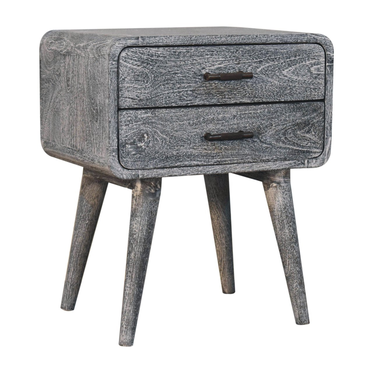 Gray distressed wood nightstand with two drawers and tapered legs in sandblasted ash curved ash curved bedside style