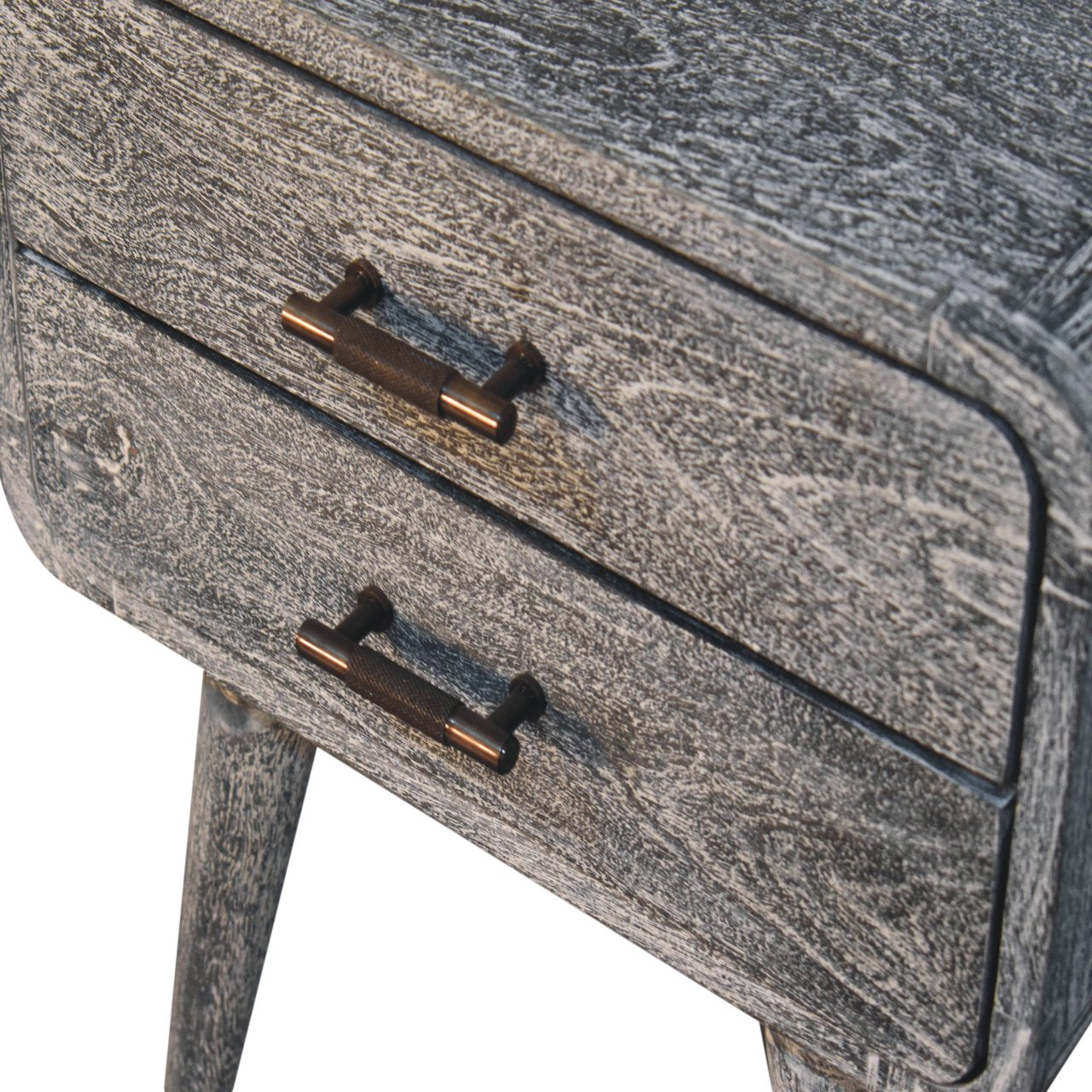 Gray distressed wood nightstand with two drawers and bronze handles in sandblasted ash curved bedside style