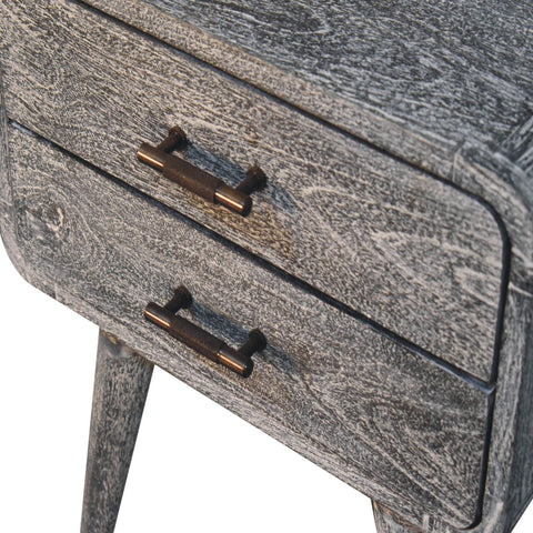 Gray distressed wood nightstand with two drawers and bronze handles in sandblasted ash curved bedside style