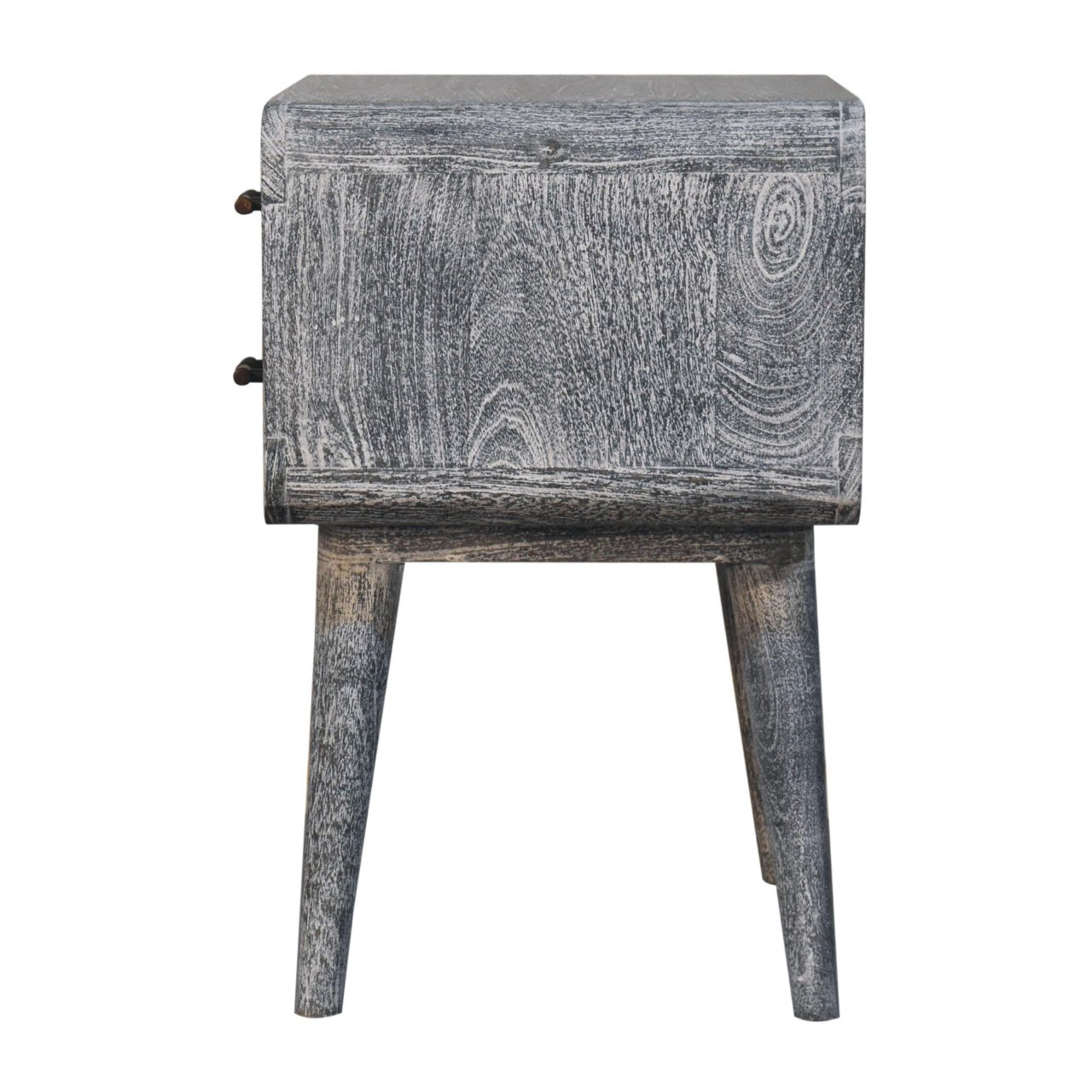 Gray distressed sandblasted ash curved bedside table with tapered legs and black metal handles in solid mango wood
