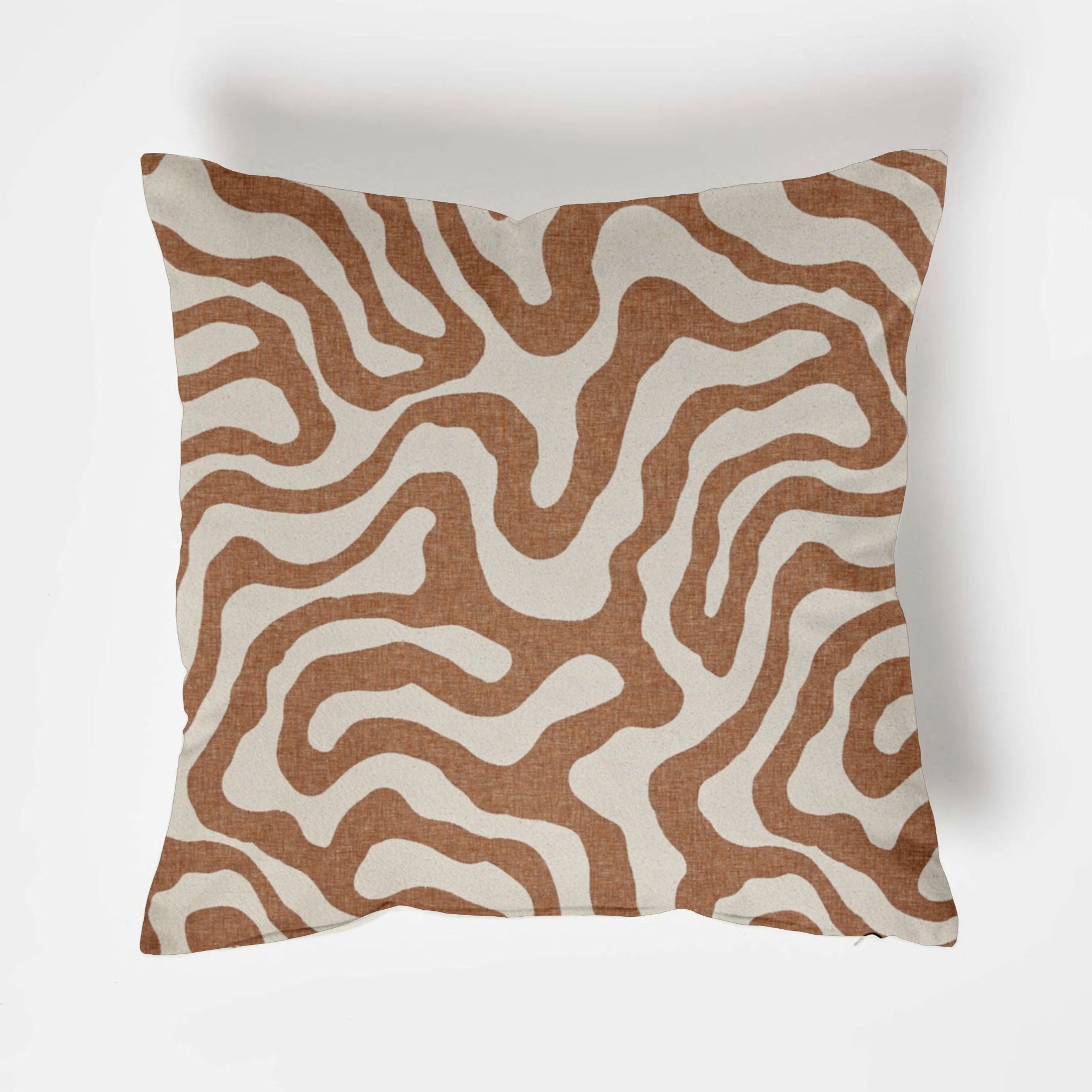 Square sandstone wiggle throw cushion with bold brown and cream wavy lines on textured fabric scatter cushion