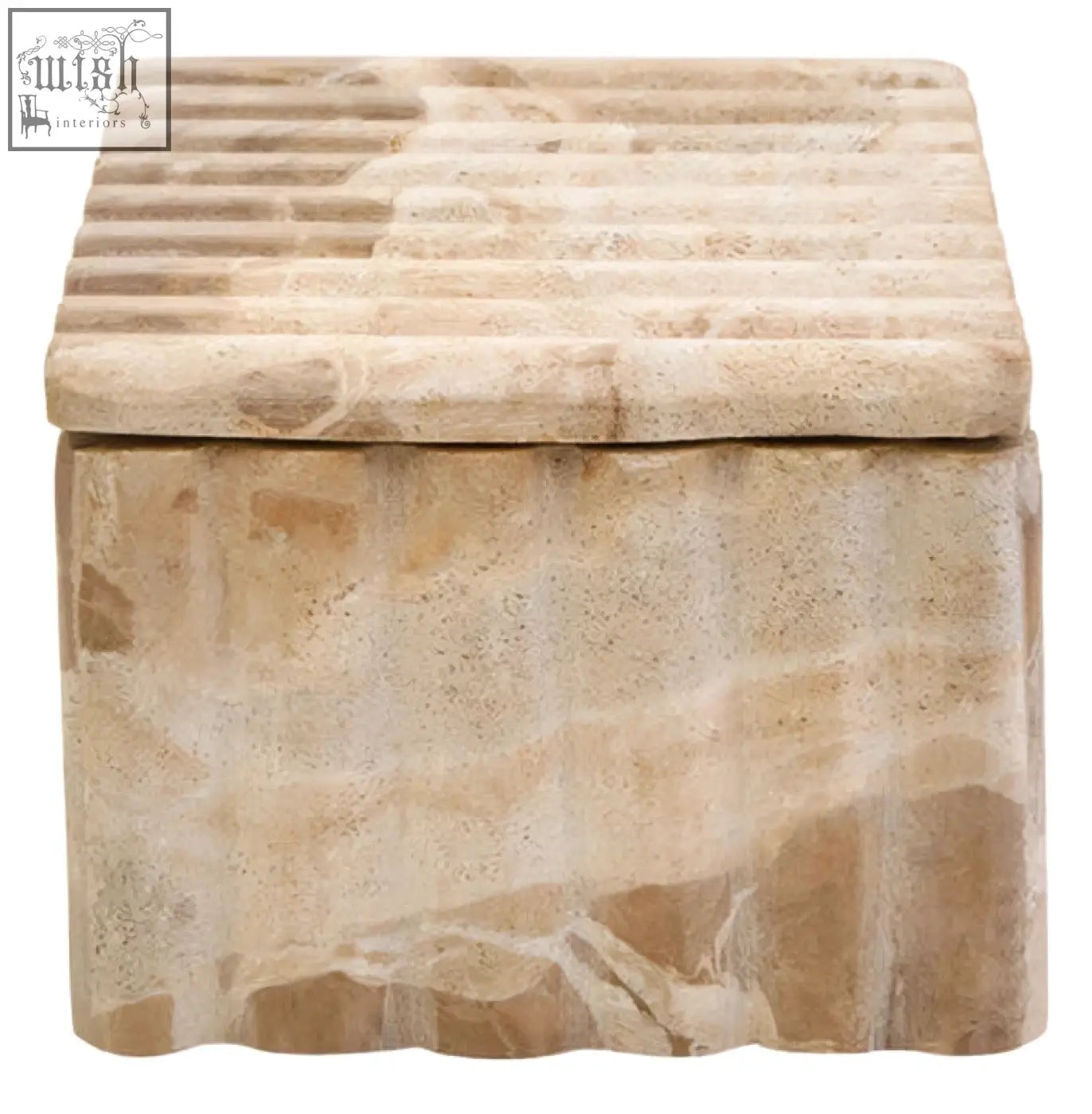 Beige stone santino rectangular chocolate marble box with hinged lid featuring horizontal grooves and natural veining