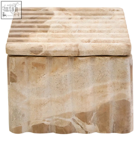 Beige stone santino rectangular chocolate marble box with hinged lid featuring horizontal grooves and natural veining