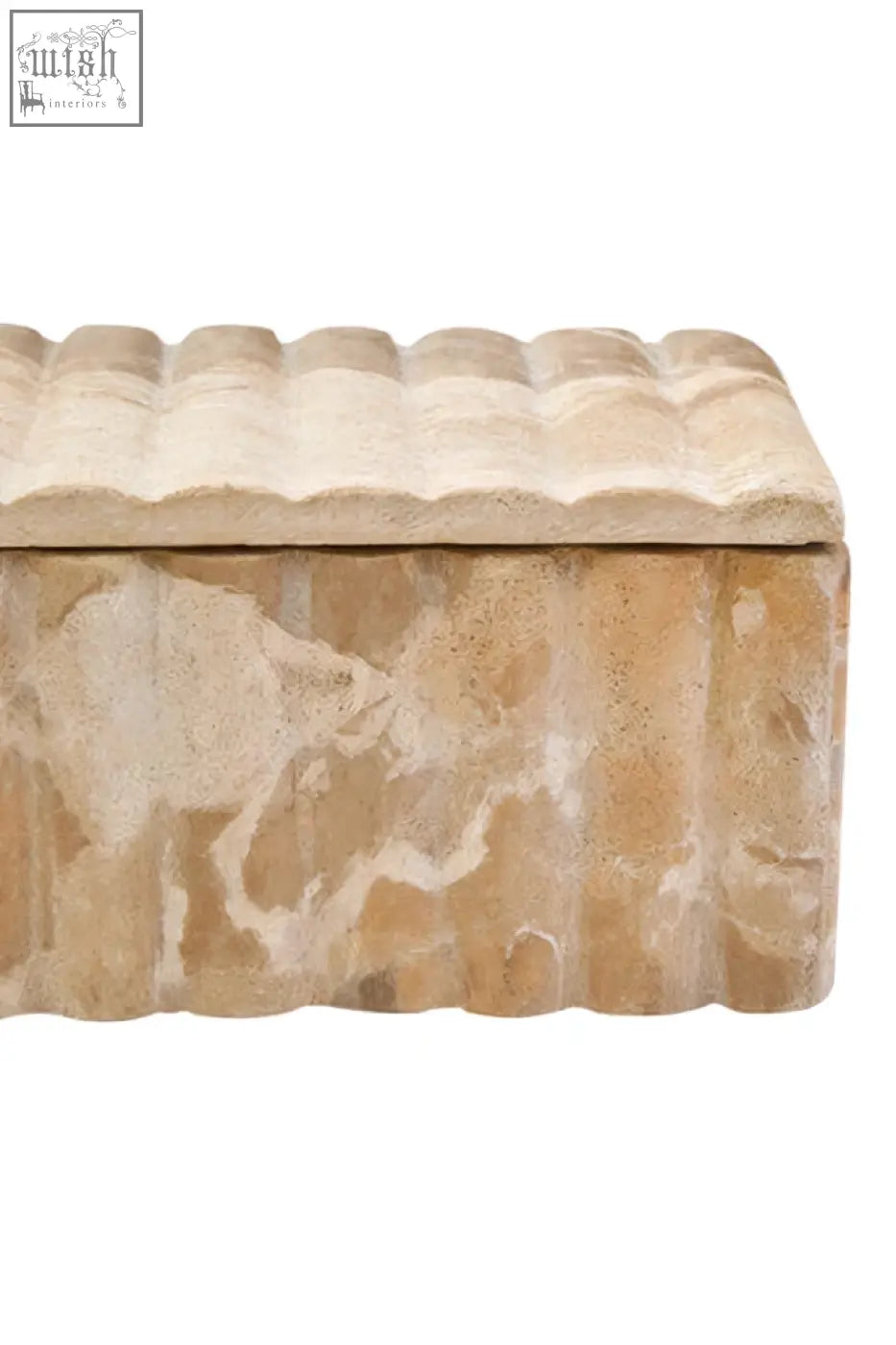 Beige stone santino rectangular chocolate marble box with a textured wavy lid and vertical ridges on the sides