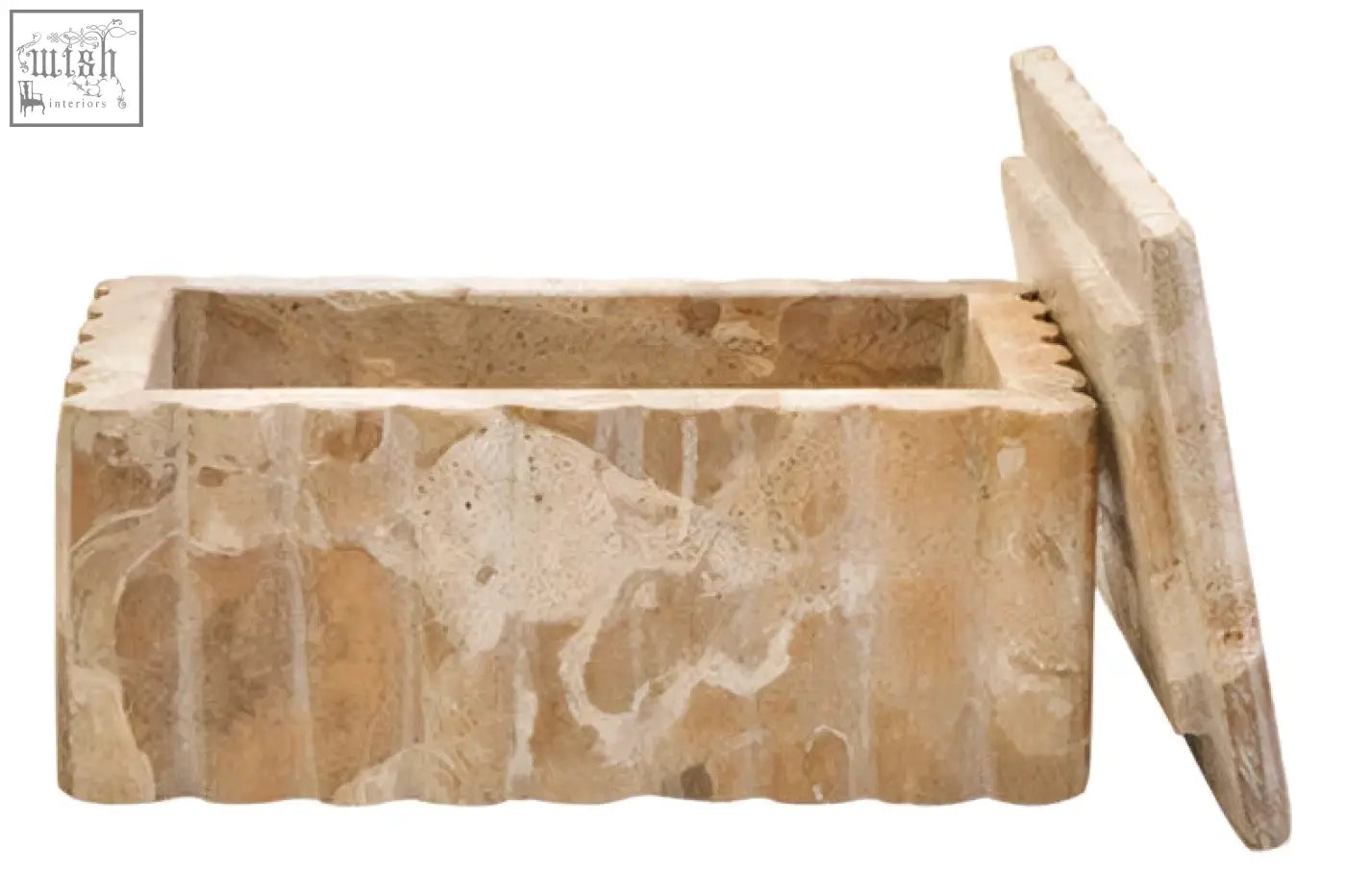 Beige stone santino rectangular chocolate marble box with matching lid and natural marbled patterns and textured edges