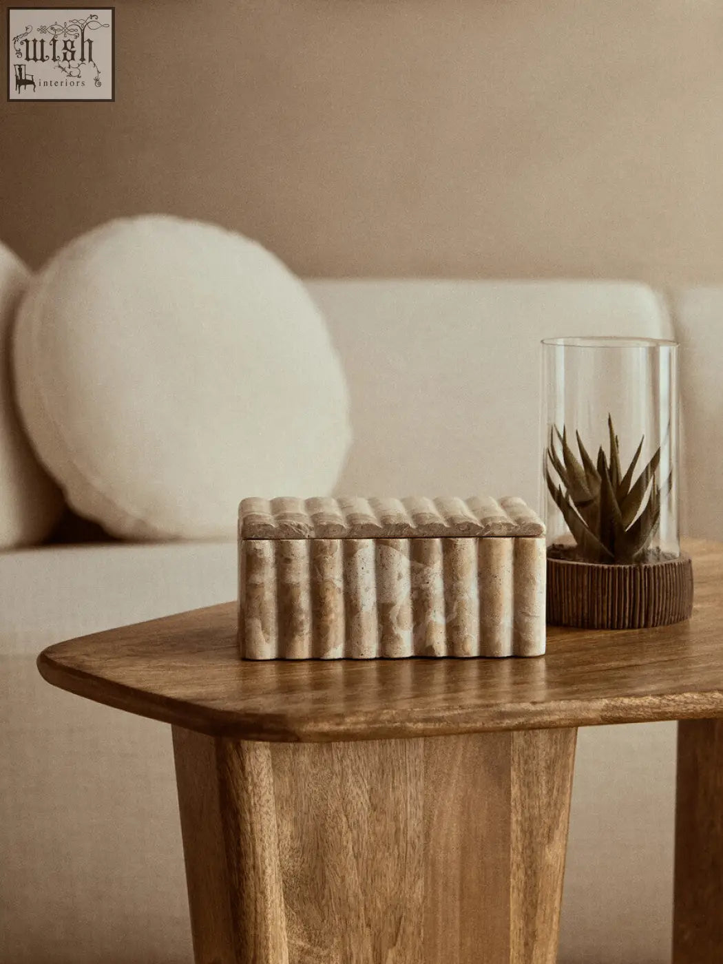 Beige stone santino rectangular chocolate marble box with vertical ridged texture and matching lid