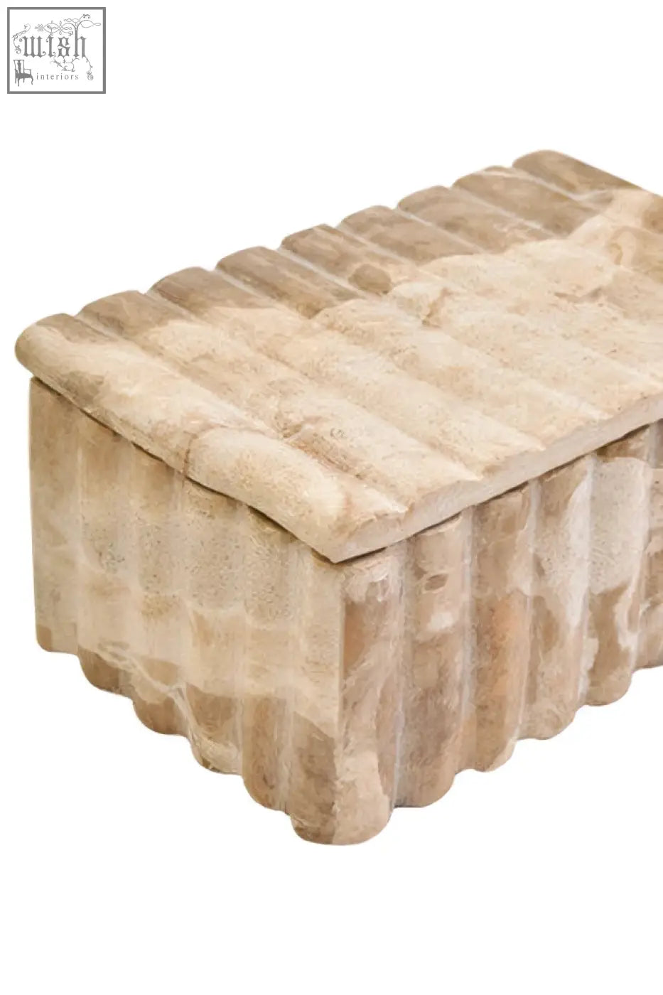 Beige stone textured santino rectangular chocolate marble box with ridged sides and matching lid