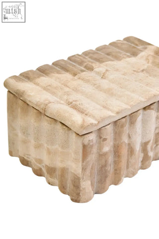 Beige stone textured santino rectangular chocolate marble box with ridged sides and matching lid