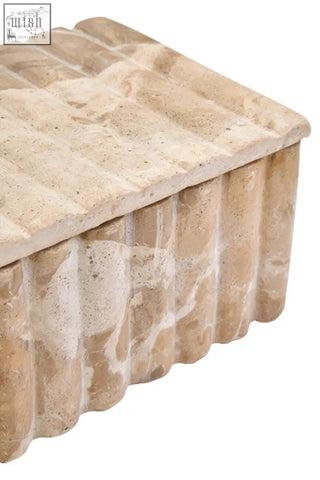 Beige stone santino rectangular chocolate marble box with ribbed texture and slightly uneven edges marble box design