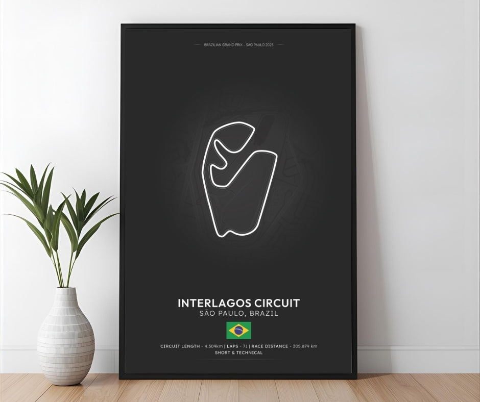 Black framed circuit poster with white line drawing of são paulo grand prix interlagos track in brazil