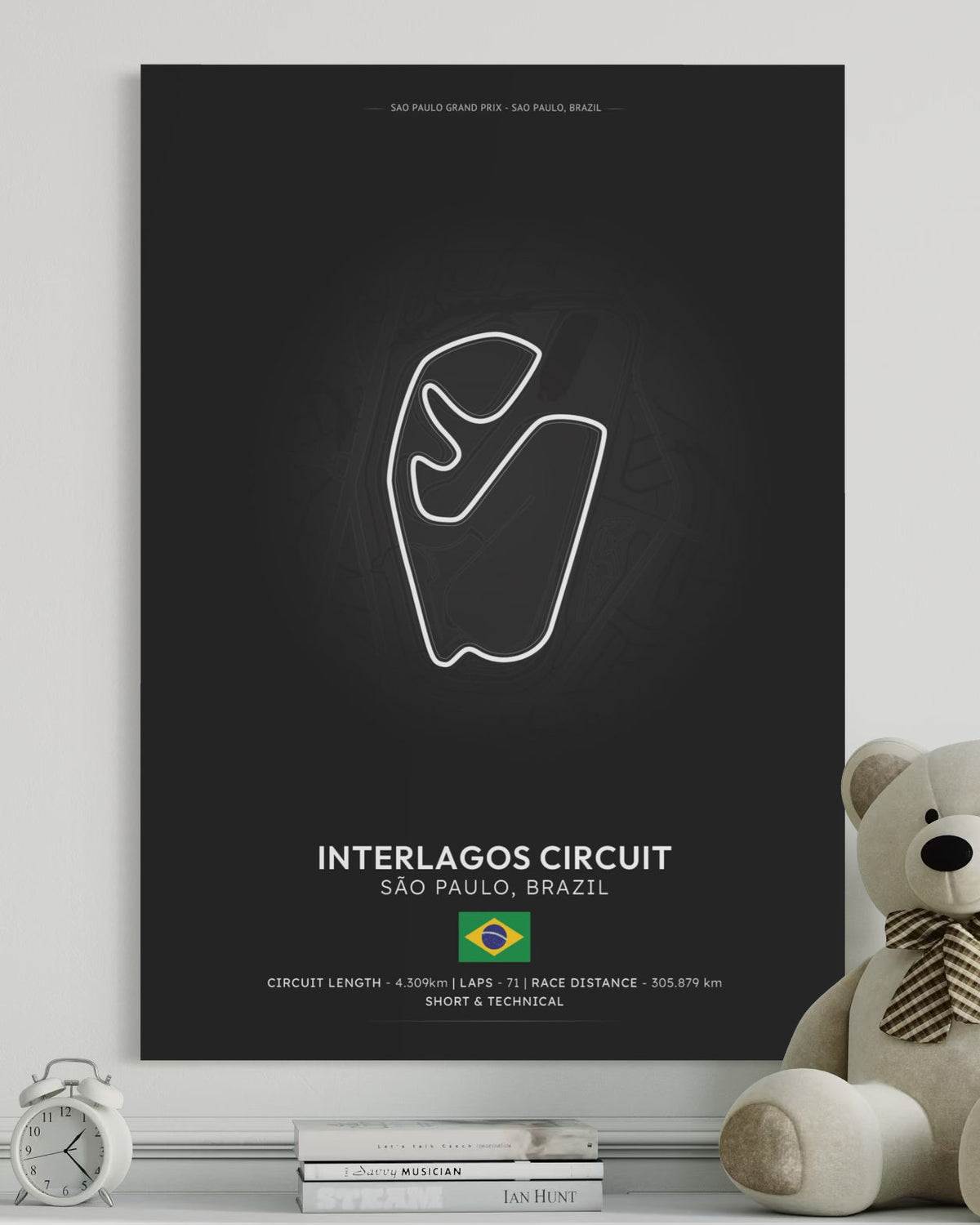 Black circuit poster featuring white line drawing of interlagos formula in são paulo for racing fans