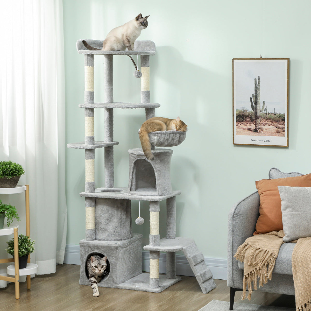 PawHut 170 cm Large Cat Tree, Cat Tower with 7 Scratching Posts, 2 Condos, Hammock,  Light Grey