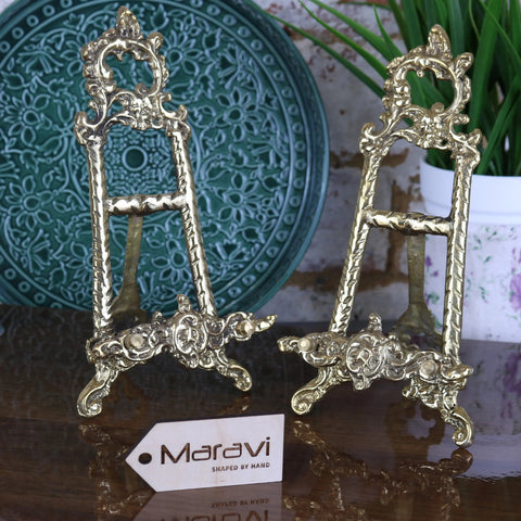 Pair of ornate gold-toned brass easels with scrollwork decorative feet saramati 20cm brass easel set of 2